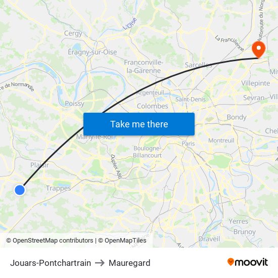Jouars-Pontchartrain to Mauregard map