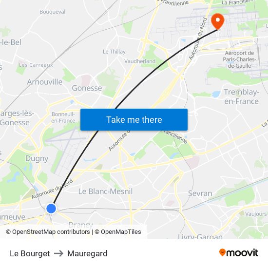 Le Bourget to Mauregard map