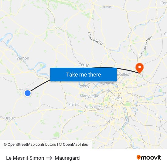 Le Mesnil-Simon to Mauregard map