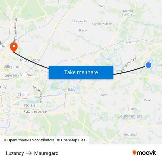 Luzancy to Mauregard map