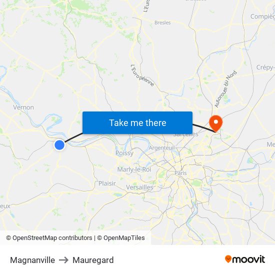 Magnanville to Mauregard map