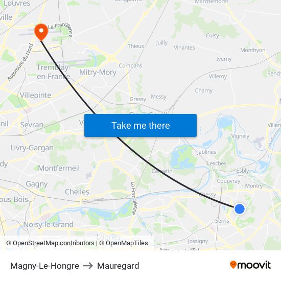 Magny-Le-Hongre to Mauregard map