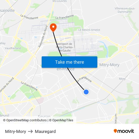 Mitry-Mory to Mauregard map