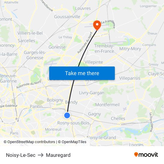 Noisy-Le-Sec to Mauregard map