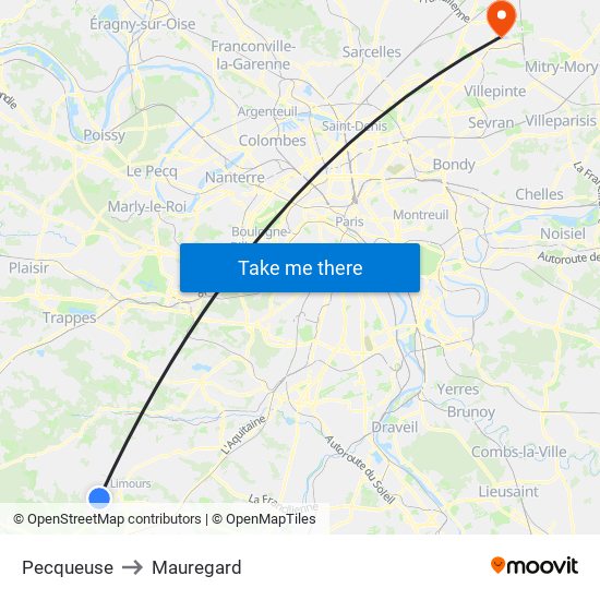 Pecqueuse to Mauregard map