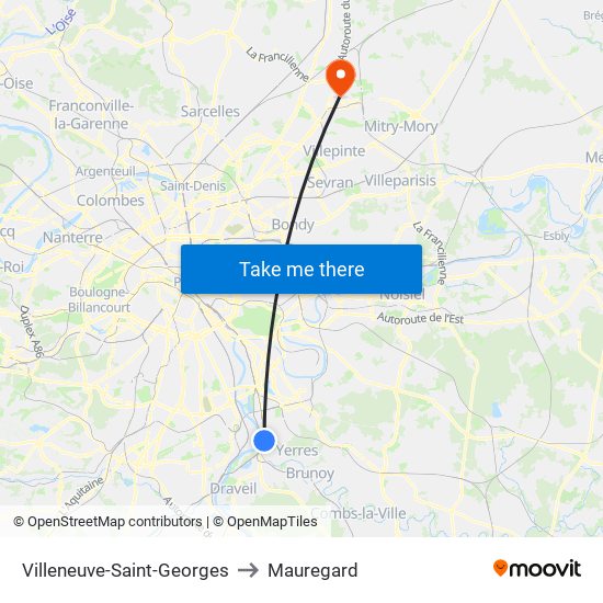 Villeneuve-Saint-Georges to Mauregard map