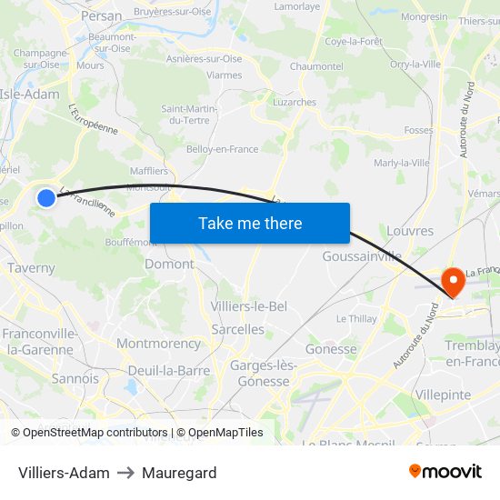 Villiers-Adam to Mauregard map