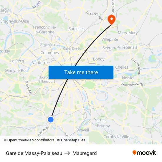 Gare de Massy-Palaiseau to Mauregard map