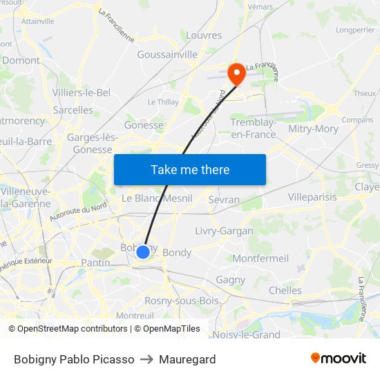 Bobigny Pablo Picasso to Mauregard map