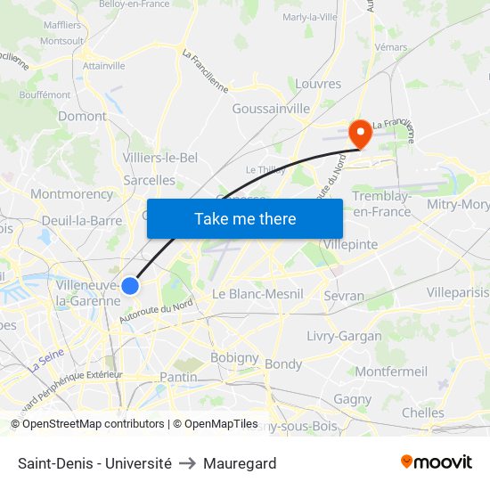 Saint-Denis - Université to Mauregard map