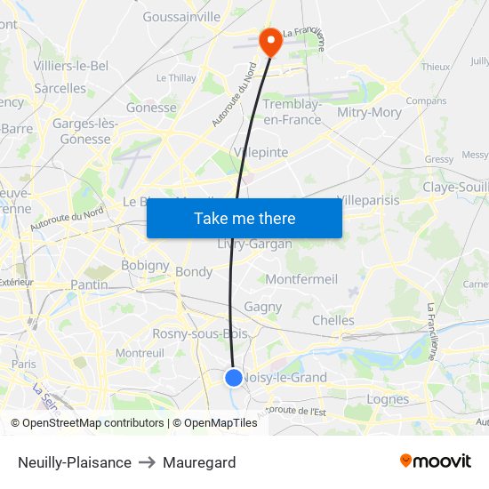 Neuilly-Plaisance to Mauregard map