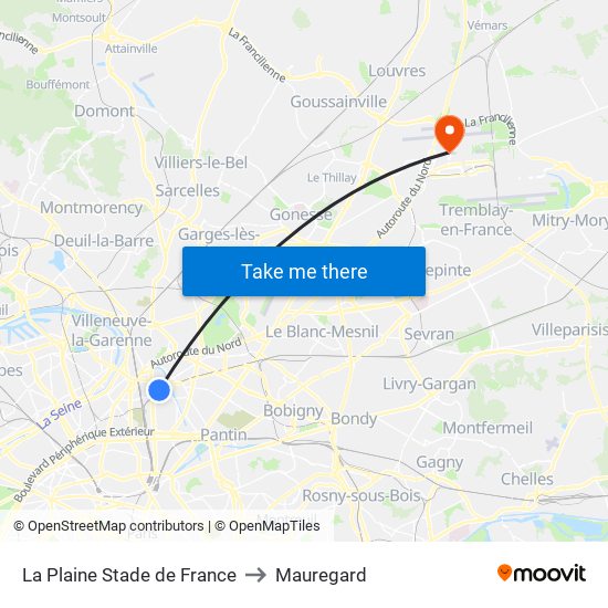 La Plaine Stade de France to Mauregard map
