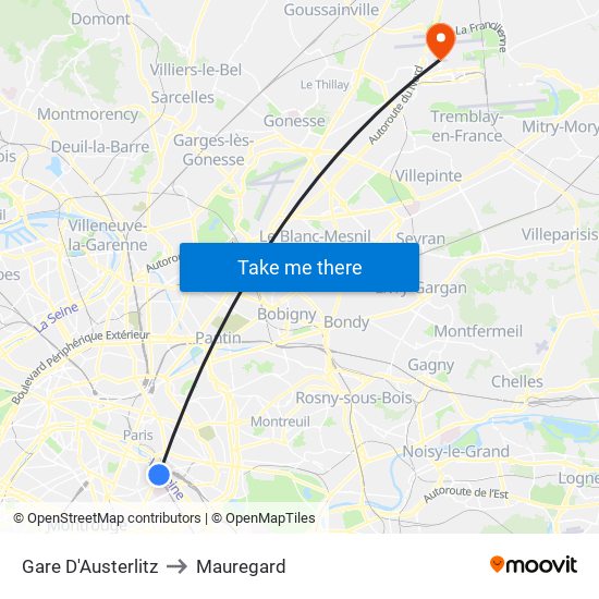 Gare D'Austerlitz to Mauregard map
