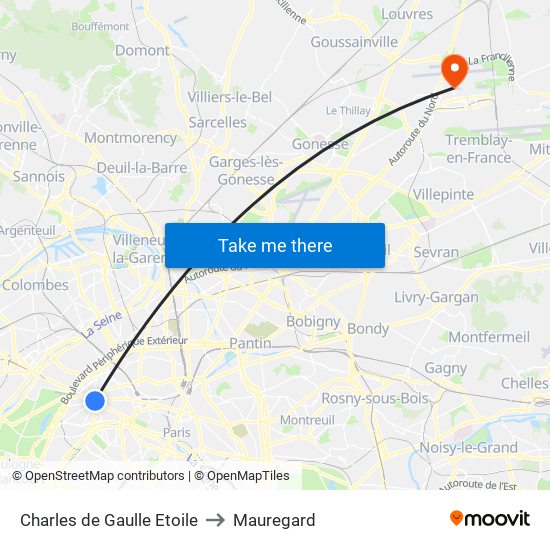 Charles de Gaulle Etoile to Mauregard map