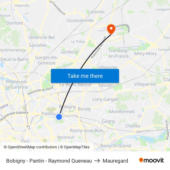 Bobigny - Pantin - Raymond Queneau to Mauregard map