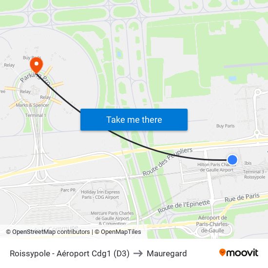 Roissypole - Aéroport Cdg1 (D3) to Mauregard map
