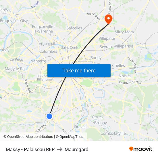 Massy - Palaiseau RER to Mauregard map