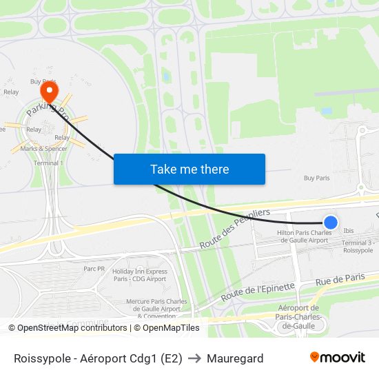 Roissypole - Aéroport Cdg1 (E2) to Mauregard map