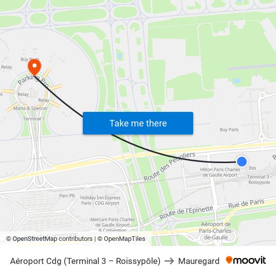 Aéroport Cdg (Terminal 3 – Roissypôle) to Mauregard map