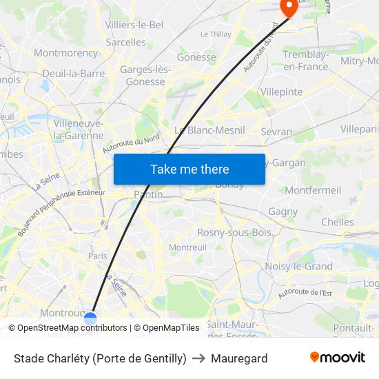 Stade Charléty (Porte de Gentilly) to Mauregard map