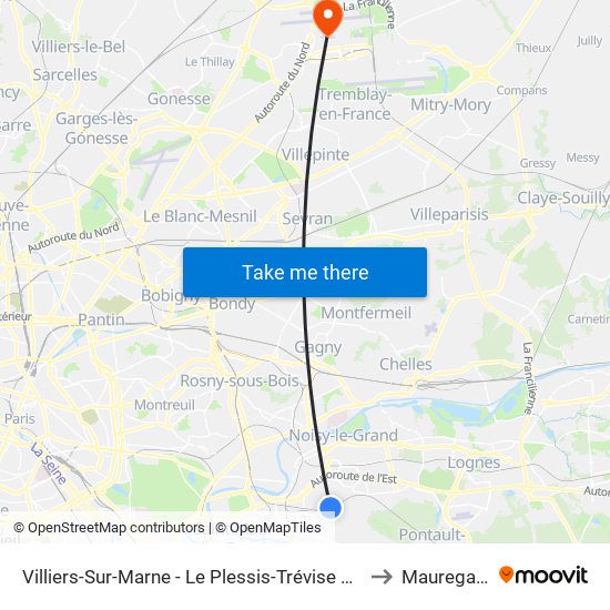 Villiers-Sur-Marne - Le Plessis-Trévise RER to Mauregard map