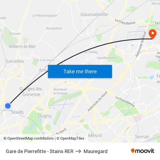 Gare de Pierrefitte - Stains RER to Mauregard map