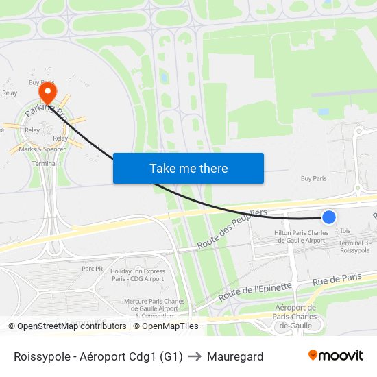 Roissypole - Aéroport Cdg1 (G1) to Mauregard map