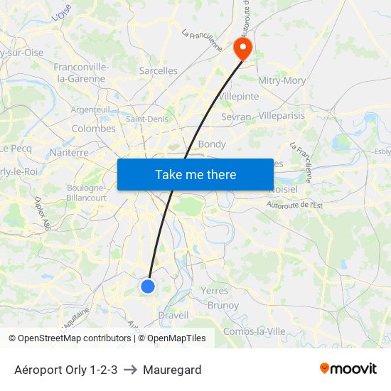 Aéroport Orly 1-2-3 to Mauregard map