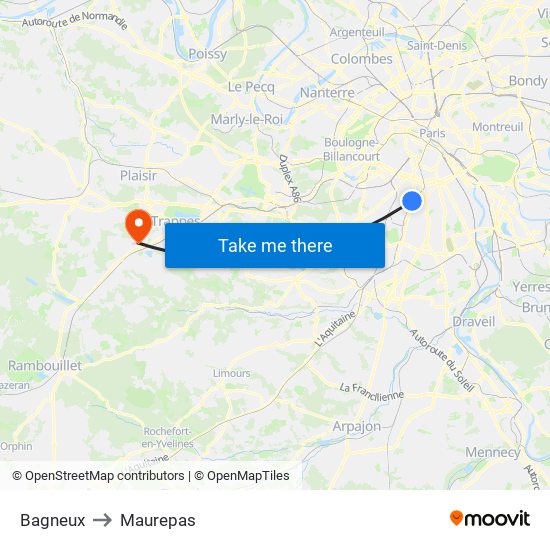 Bagneux to Maurepas map