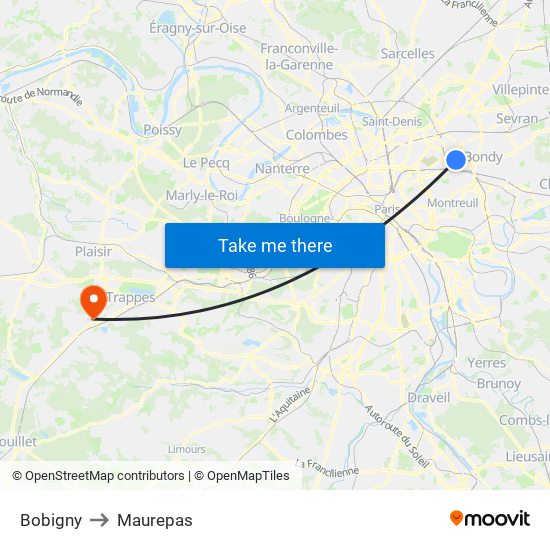 Bobigny to Maurepas map