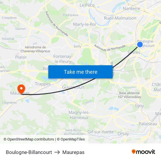 Boulogne-Billancourt to Maurepas map