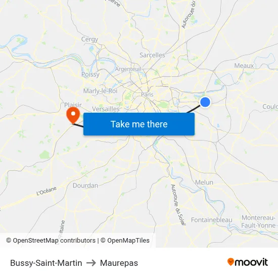 Bussy-Saint-Martin to Maurepas map