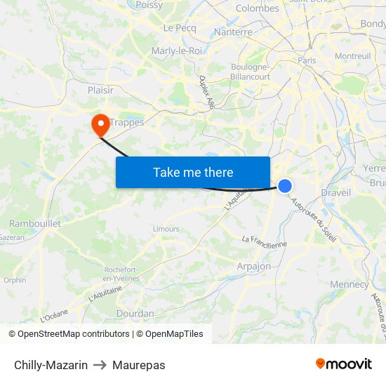 Chilly-Mazarin to Maurepas map