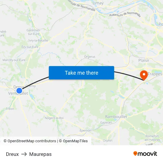 Dreux to Maurepas map