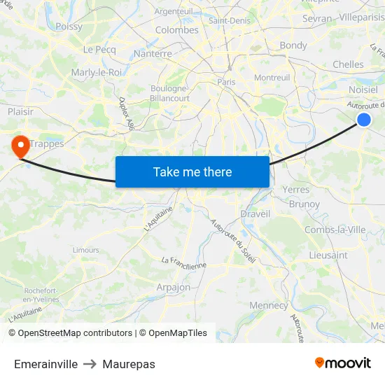 Emerainville to Maurepas map
