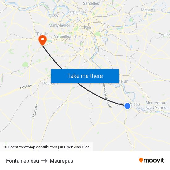 Fontainebleau to Maurepas map