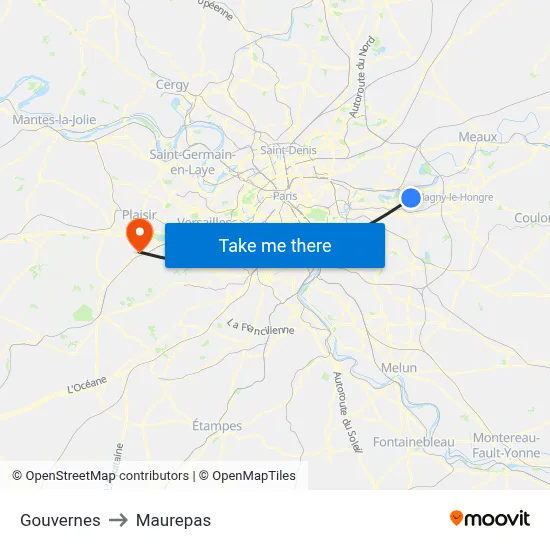 Gouvernes to Maurepas map