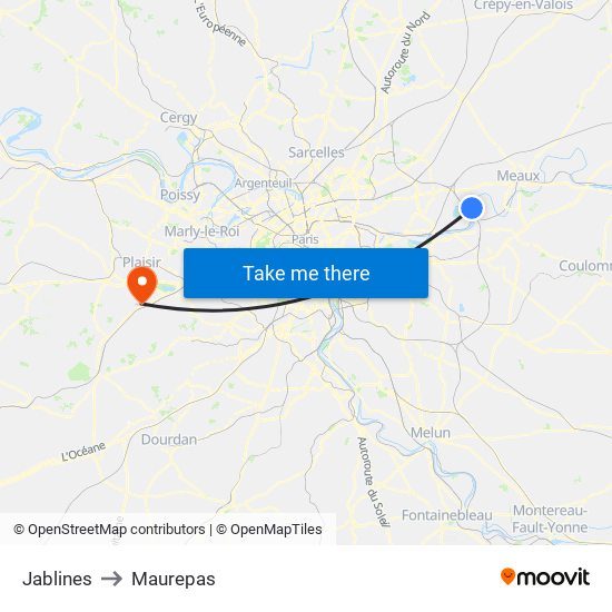 Jablines to Maurepas map