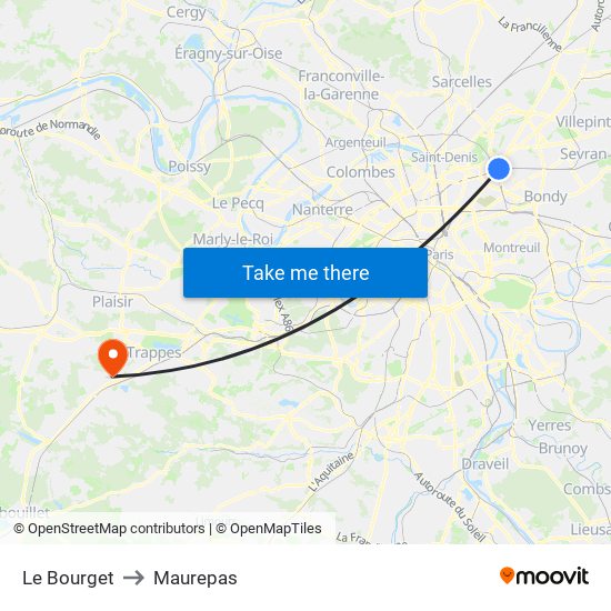 Le Bourget to Maurepas map