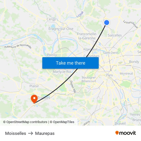 Moisselles to Maurepas map