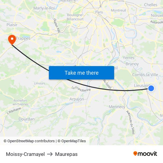 Moissy-Cramayel to Maurepas map