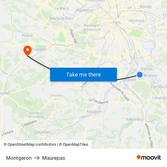 Montgeron to Maurepas map