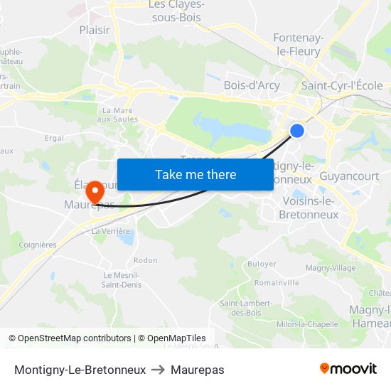 Montigny-Le-Bretonneux to Maurepas map