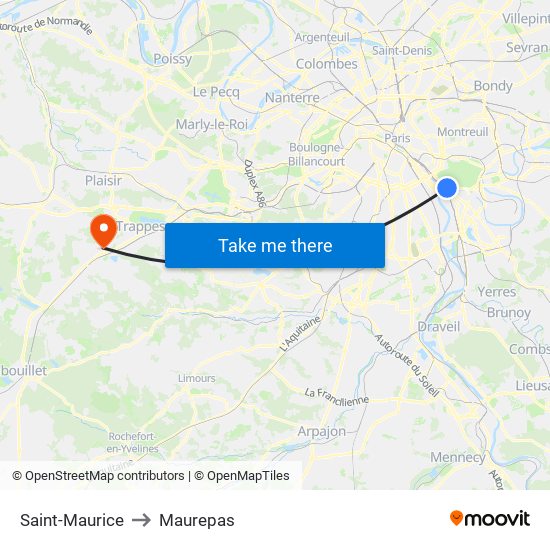 Saint-Maurice to Maurepas map