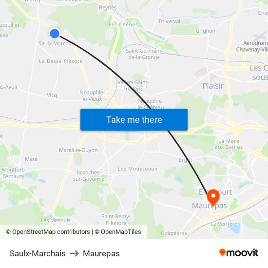 Saulx-Marchais to Maurepas map