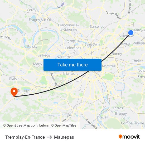 Tremblay-En-France to Maurepas map