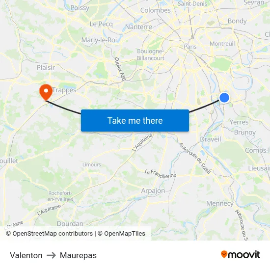 Valenton to Maurepas map