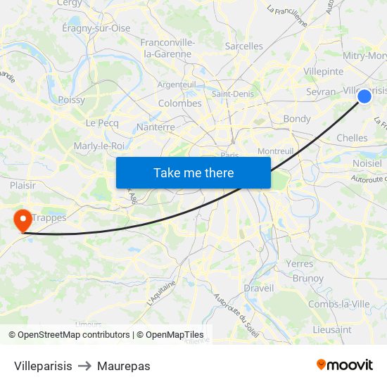 Villeparisis to Maurepas map