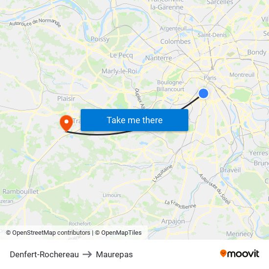 Denfert-Rochereau to Maurepas map