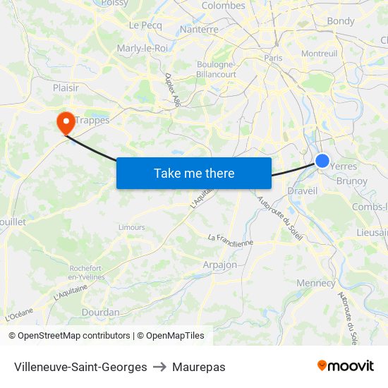 Villeneuve-Saint-Georges to Maurepas map